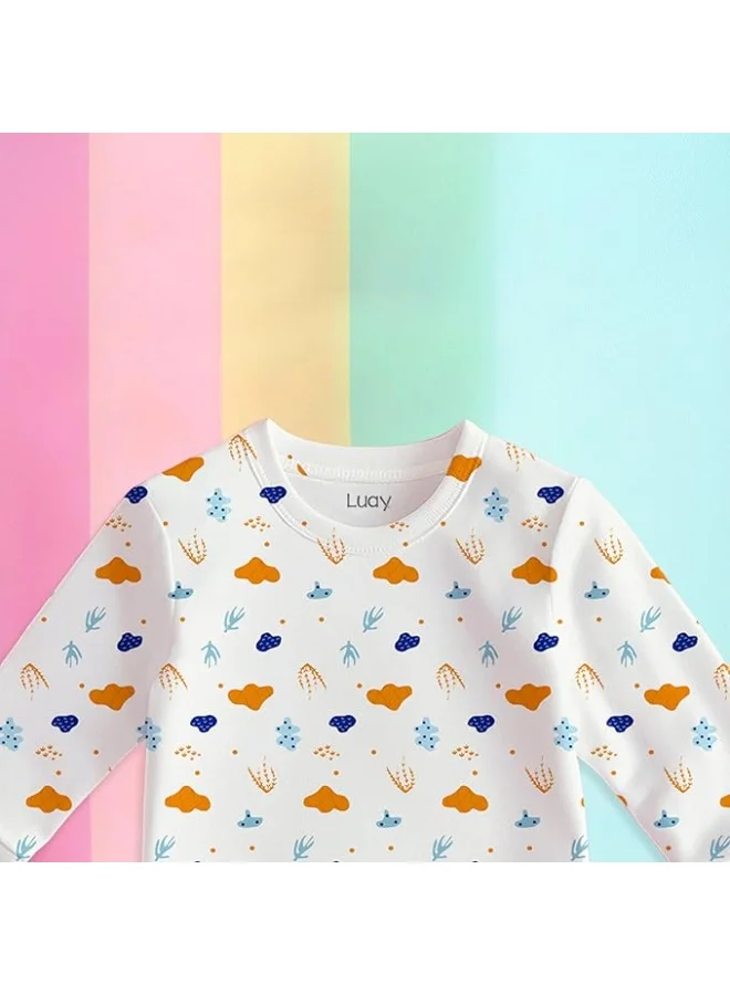 لؤي لؤي® طقم مطبوع بتصميم الغيوم والطبيعة من القطن بنسبة 100% | أزياء فائقة النعومة، أنيقة وراقية | تيشيرت بأكمام طويلة وبنطال مريح - أبيض